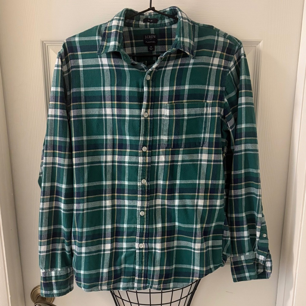 J.Crew Men's M Slim Fit Green Plaid Re-Imagined Cotton Flannel Shirt